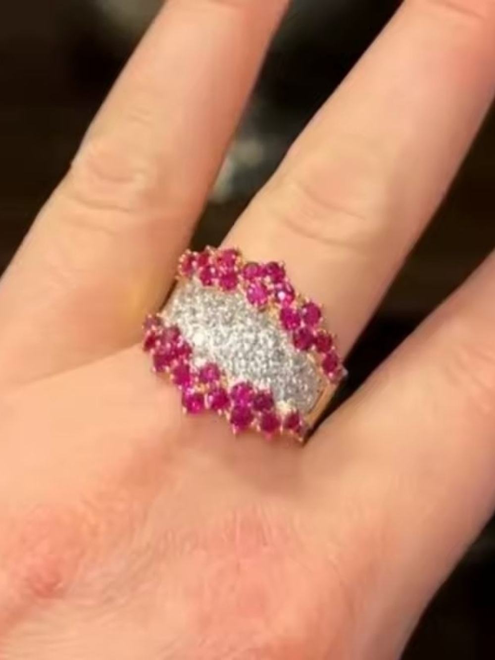 Gold Ring with Pink Gemstones and Clear Crystals - Picture 5 of 5